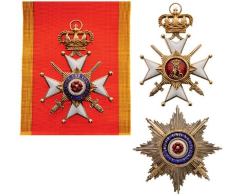 PRINCELY HOUSEORDER, 1869 Grand Cross Set with Swords. Sash Badge, 98x68 mm, gilt Silver, enameled, superimposed central meda