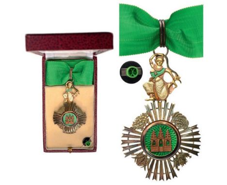 ROYAL ORDER OF SOWATHARA, 1923 Commander's Cross. Neck Badge, 90x56 mm, gilt Silver, French hallmark, one side enameled, orig