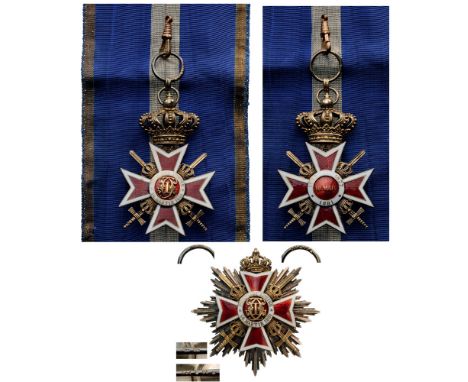 ORDER OF THE CROWN OF ROMANIA, 1881 Grand Cross Set, 2nd Type (1938), Military. Sash Badge with swords, gilt Silver, hallmark