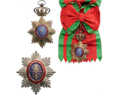 ROYAL ORDER OF CAMBODIA Grand Cross Set, instituted in 1864. Sash Badge, 92x57 mm, Silver with brilliant cut rays, superimpos
