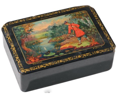 Rectangular case for a deck of playing cards Lacquered wood, scene on the lid signed Sichemkov depicting the Grimm fairy tale