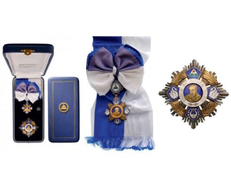 ORDER OF RUBEN DARIO Grand Cross Set, instituted in 1951. Sash Badge, 74x43 mm, Silver partially gilt, oneside enameled, cent