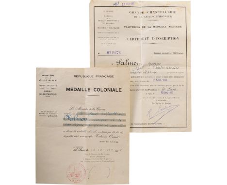 Colonial Medal Awarding document 239x193 mm, dated 15th of July 1947 in Paris, for a Republican Guard of the 4th Regiment of 