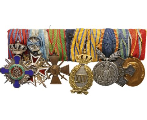 Bar of Orders (2) and Medals (5) Star of Romania Order, Knight’s Cross (5th Class), Military in Time of War, 1st Model, Silve