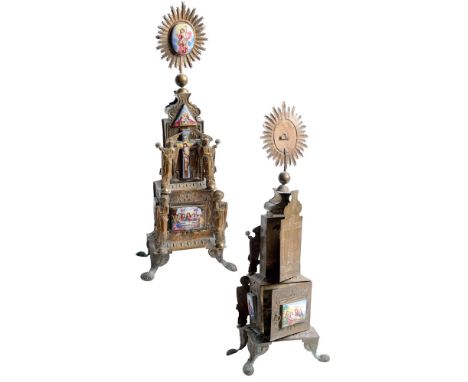 Ciborium of enameled silver, 19th Century 61x23.5 cm. The enamel plaques on the front depict the Ascension, God the Father an