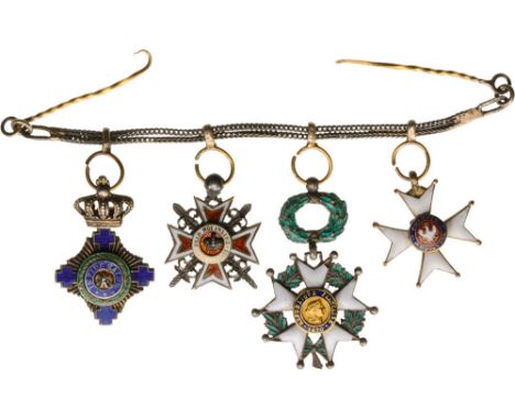 Bar of Miniature Orders (4) Romania, Order of the Star, Knight 's Cross, Silver; Romania, Order of the Crown with Swords, Sil