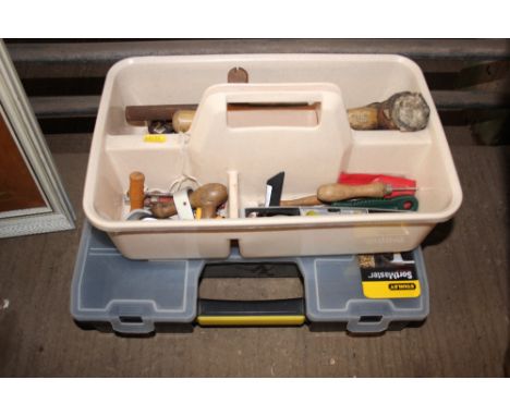 A Stanley plastic storage unit and a tub of various tools