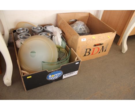 Two boxes containing various jars; light shades; lights switches; a pair of speakers etc