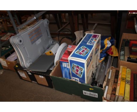 Two boxes containing two Wii fit boards; camera tripod; dance mat; sundry china etc. 