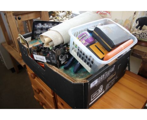 A box containing various craft items; Lord of the Rings figures etc