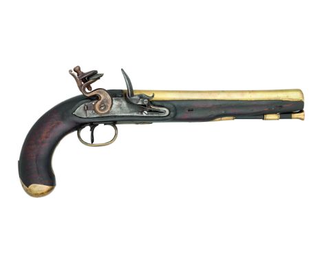 ǂA 16 BORE FLINTLOCK PISTOL OF MILITARY TYPE BY H.W.MORTIMER, GUNMAKER TO HIS MAJESTY, EARLY 19TH CENTURY with tapering brass