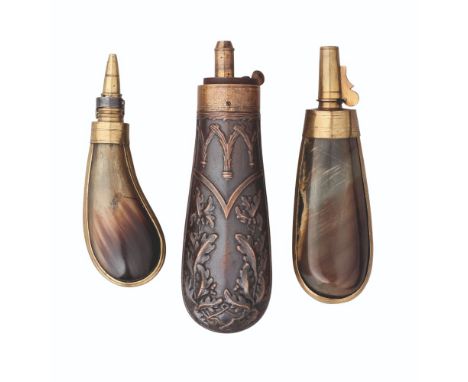 ǂTWO CONTINENTAL FLASKS AND TWO HORN FLASKS, 19TH CENTURY the first with copper body embossed with oak foliage, fitted with a