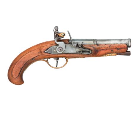 A 40 BORE CONTINENTAL FLINTLOCK TRAVELLING PISTOL, MID-18TH CENTURY with two-stage rifled barrel moulded at the muzzle and oc