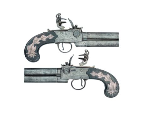 A PAIR OF 50 BORE FLINTLOCK OVER-AND-UNDER TAP-ACTION PISTOL BY WILLIAMS, LONDON, TOWER PRIVATE PROOF MARKS CIRCA 1780 with t