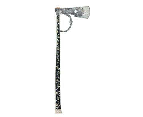 ˜Property from an Important Private Collection  A GERMAN DECORATED PARADE AXE, EARLY 17TH CENTURY with wedge-shaped iron head