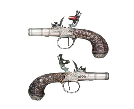 ǂAN EXCEPTIONAL PAIR OF 120 BORE FLINTLOCK BOX-LOCK POCKET PISTOLS WITH SILVER BARRELS, ACTIONS AND MOUNTS, SIGNED MORTIMER, 