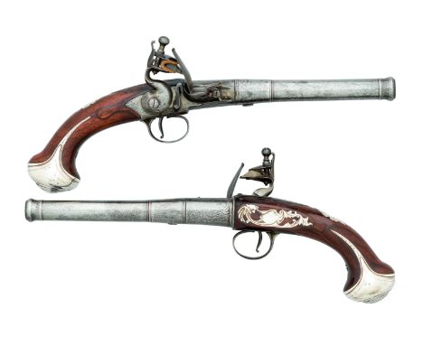 The Property of a Gentleman  A PAIR OF 22 BORE SILVER-MOUNTED FLINTLOCK TURN-OFF PISTOLS BY LEWIS (1) BARBAR, LONDON, CIRCA 1