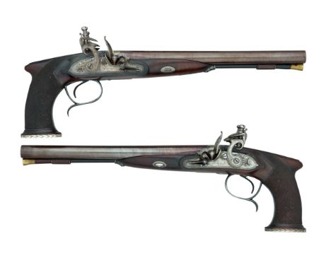 ǂA FINE AND RARE PAIR OF 28 BORE D.B. FLINTLOCK SINGLE-TRIGGER SAW-HANDLED CARRIAGE PISTOLS BY H.W.MORTIMER &amp; CO., LONDON