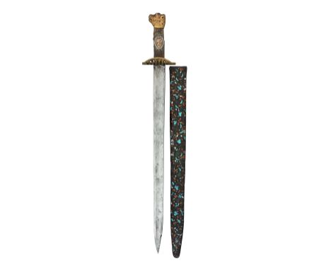 AN UNUSUAL NAVAL OFFICER~S DIRK WITH ENAMELLED SCABBARD, MID-19TH CENTURY with straight blade from a regulation sword formed 