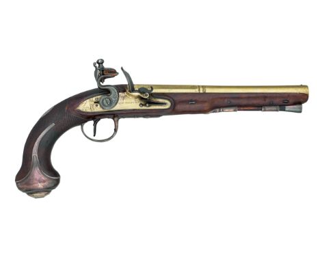 ǂA 22 BORE SILVER-MOUNTED FLINTLOCK OFFICER~S PISTOL BY H.W.MORTIMER, LONDON, GUNMAKER TO HIS MAJESTY, LONDON SILVER MARKS FO