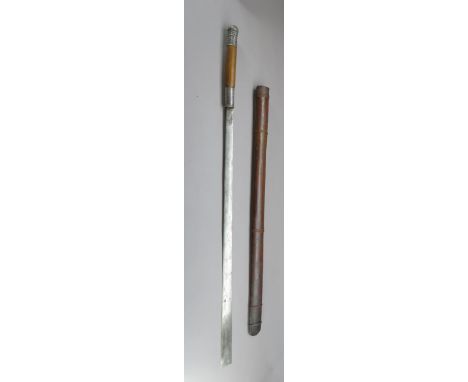 A SOUTH EAST ASIAN SWORD (DHA), EARLY 20TH CENTURY, PROBABLY CAMBODIA with straight blade widening to an inwardly rounded tip