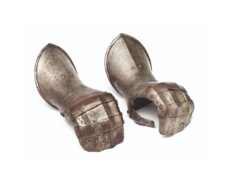 A PAIR OF WESTERN EUROPEAN MITTEN GAUNTLETS, CIRCA 1500, PROBABLY SPANISH each consisting of a long obtusely-pointed cuff clo