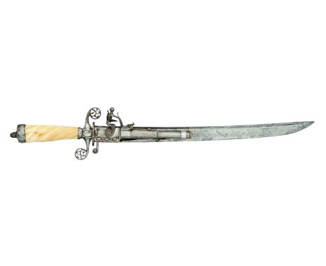 ˜A RARE ENGLISH COMBINED HUNTING SWORD AND 100 BORE FLINTLOCK PISTOL, CIRCA 1780 with slightly curved single-edged blade engr