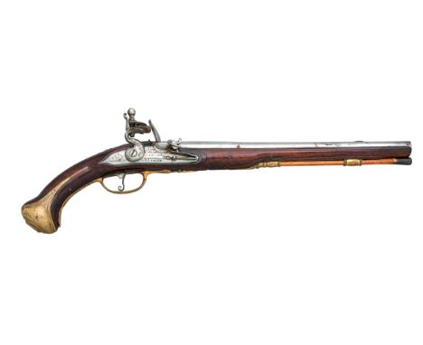 AN 18 BORE LIÈGOIS FLINTLOCK LONG HOLSTER PISTOL BY LECOMTE A LIÈGE, CIRCA 1730  with swamped sighted barrel formed in two st