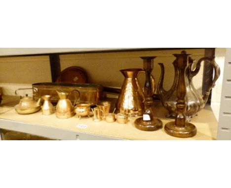 COPPER & SILVER PLATE. Shelf of mixed copper and silver plated items