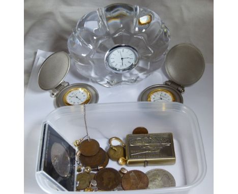 ASSORTED ITEMS. Assorted items including lighter and clocks
