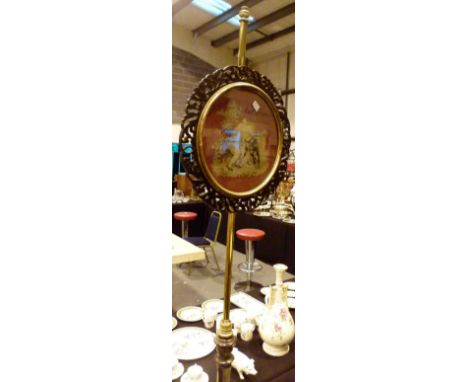 POLE SCREEN AND VICTORIAN TAPESTRY. Brass and wooden pole screen with later Victorian tapestry H: 54 cm