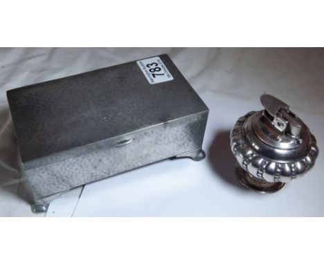 CIGARETTE BOX & LIGHTER. Pewter cigarette box and Ronson plated table lighter