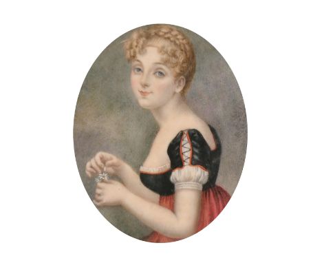 A good Victorian oval portrait miniature of a Young Lady holding a flower, 3" x 2.5", unframed.