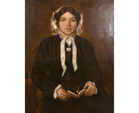 19th Century English School, A half-length portrait of a seated young lady, oil on canvas, 36" x 28" unframed.