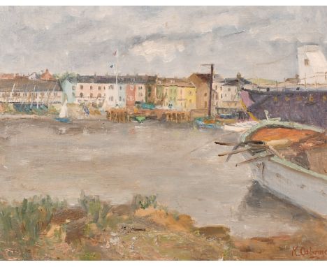 K. Osborne, Boats moored along the Thames with colourful buildings beyond, oil on board, signed, 16" x 20".