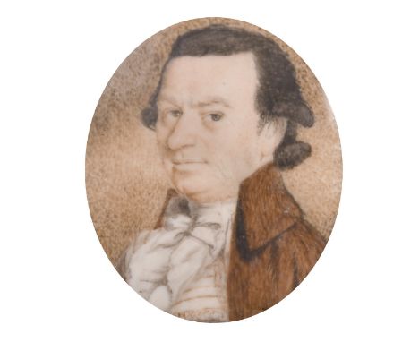 18th Century, A miniature portrait of gentleman, watercolour, in an engraved gilt metal frame, 1.75" x 1.5".