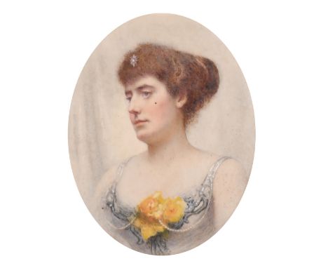 A Victorian oval portrait miniature of a Lady wearing a rose in a gilt frame, 3.5" x 2.75".