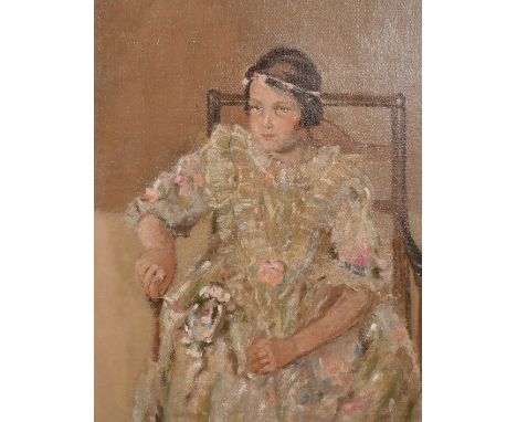 Early 20th Century School, A portrait of a seated girl with a garland of flowers in her hair, oil on canvas, 24" x 20".