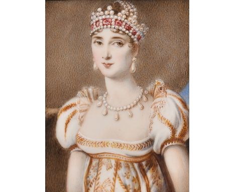 A very good miniature of a Young Lady wearing a tiara in an enamel frame, 3.75" x 2.5".