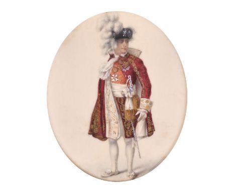 An oval portrait of a Man in ceremonial clothes in a gilt frame, 2.75" x 2.25".