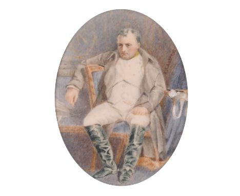 A seated portrait of Napoleon, oval in a gilt frame, 3" x 2".