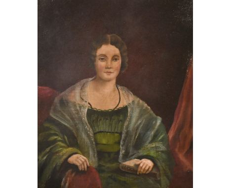 19th Century School, Portrait of a seated lady holding a book, oil on canvas, 12" x 10".
