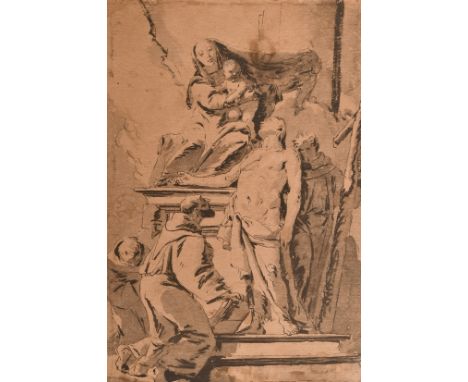 Print of an Old Master drawing, 'The Holy Family and Saints', 16" x 11" with blind stamp. (unframed).