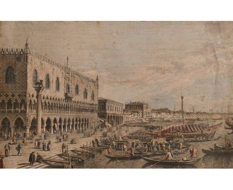 A group of three antique etchings of Continental views, and another of an Old Master scene (4).