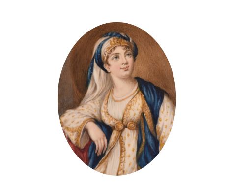 An oval portrait of a Lady in Turkish costume (warped) 3.5" x 2.25", (Unframed).