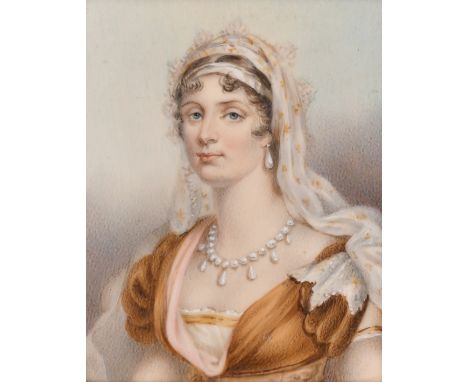 A very good miniature of a young lady in a gilt and blue enamel frame, 3.5" x 2.75".
