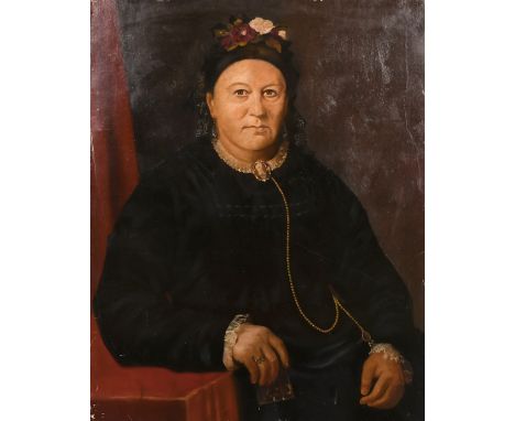 19th Century English School, A portrait of a seated lady with flowers in her bonnet, oil on canvas, 36" x 28" unframed.