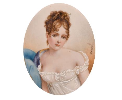 An oval portrait of a Young Lady in a gilt frame, signed, 3" x 2.5".