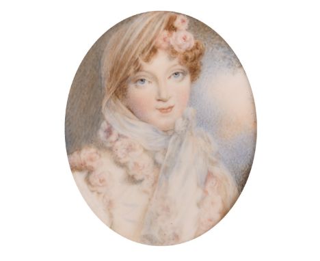 A oval portrait miniature of a Young Lady in a diamant frame, 2.25" x 1.75".