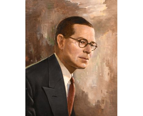 Mid-20th Century, A head and shoulders portrait of a man wearing glasses, oil on canvas, 20" x 16".